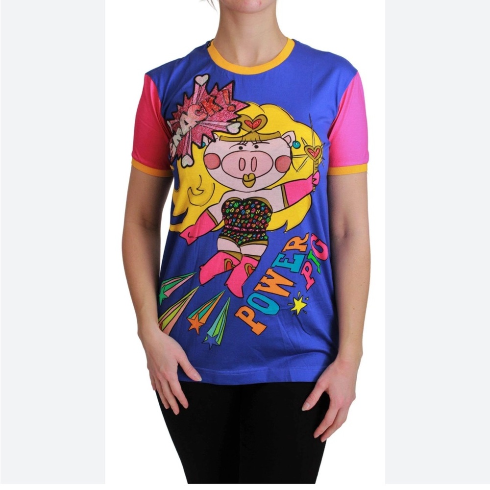 Dolce & Gabbana Blue and Pink Graphic Tee; size 40